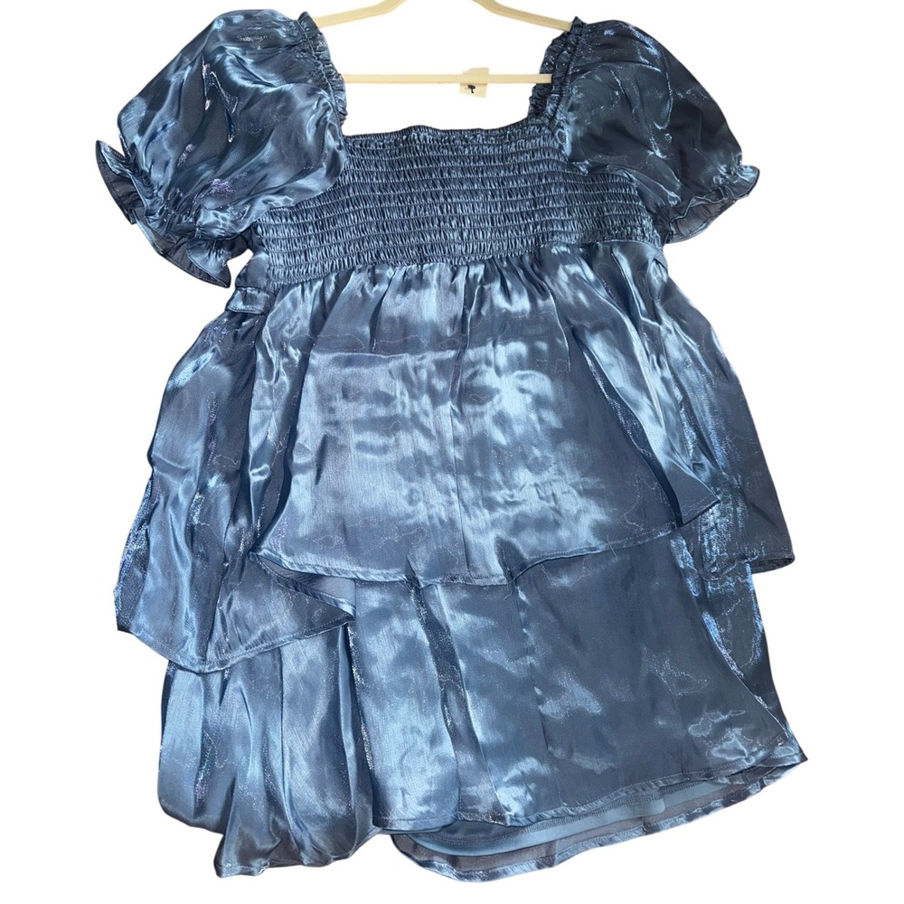 Francescas Metallic Blue Tiered Mini Dress Smocked Puff Sleeve New NWT - Picture 2 of 4